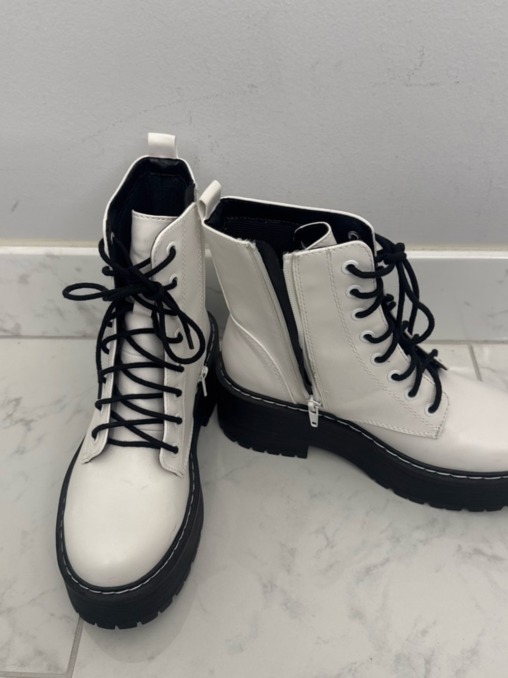 Soda White Lace-Up Combat Boots with Black Lug Sole